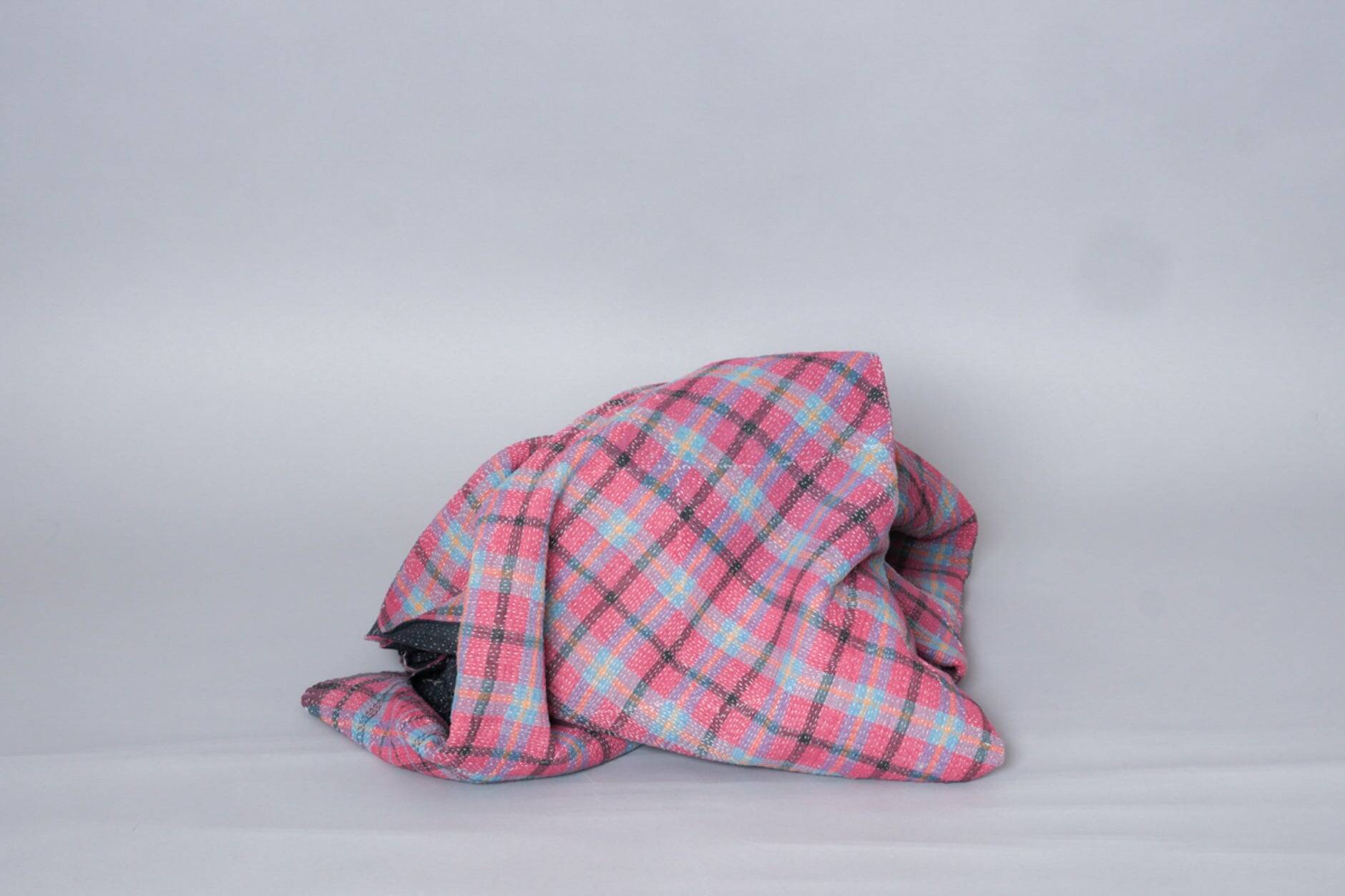 Kantha sari couvre-lit, Tartan coton recyclé brodé à la main