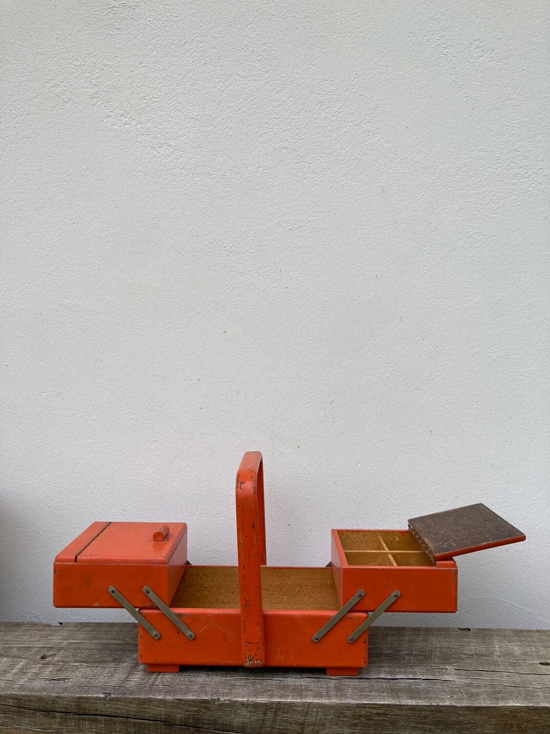 Orange wooden sewing box 1960 1970