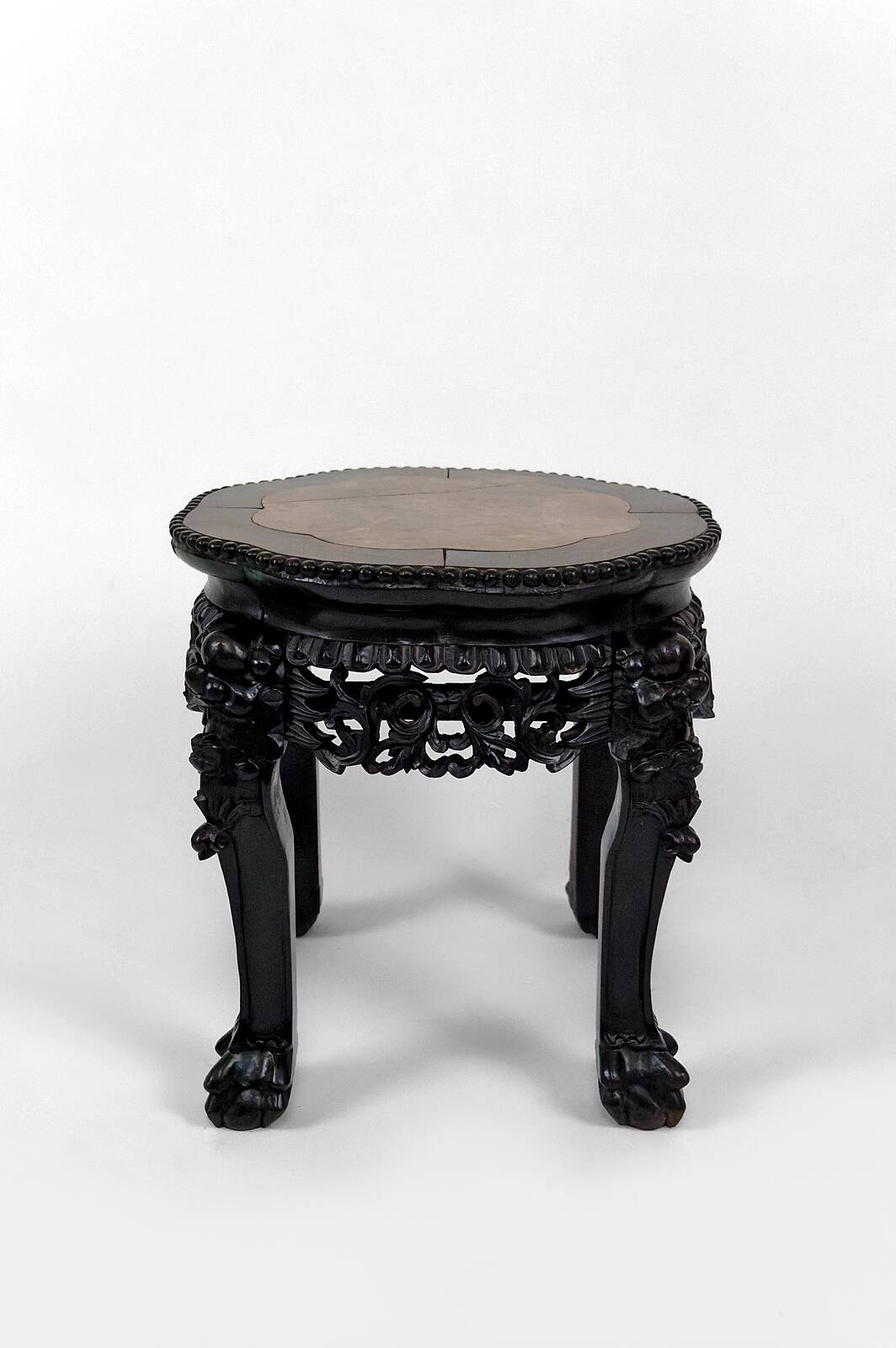 Asian wooden stand carved with Demons, marble top, Indochina, circa 1880
