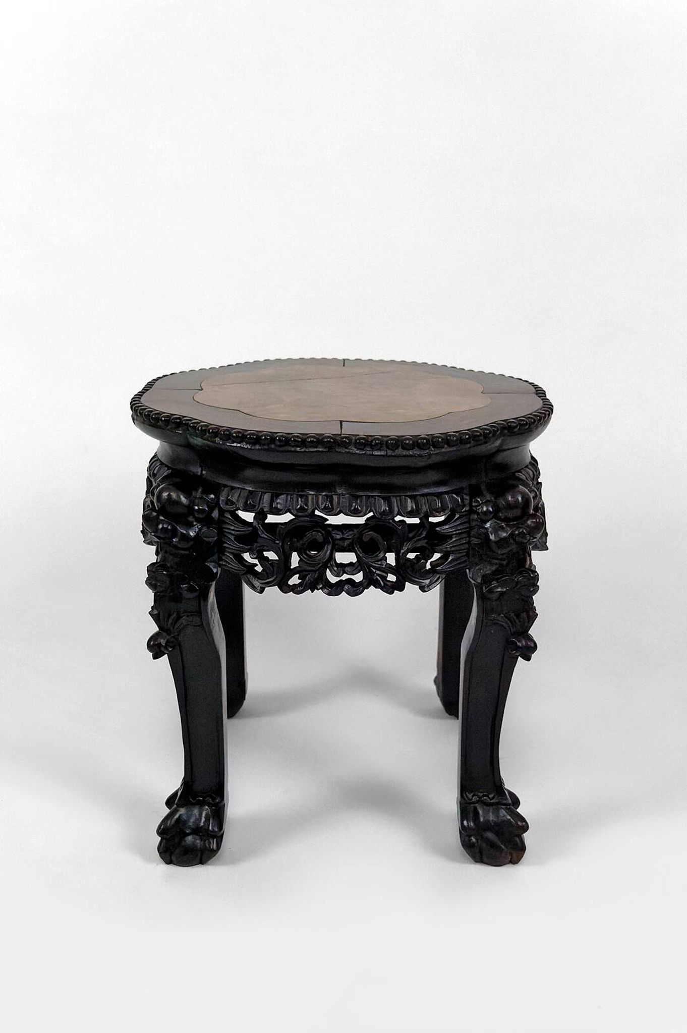 Asian wooden stand carved with Demons, marble top, Indochina, circa 1880