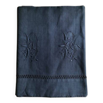 Drap Ancien En Lin Et Chanvre Teinté en Bleu