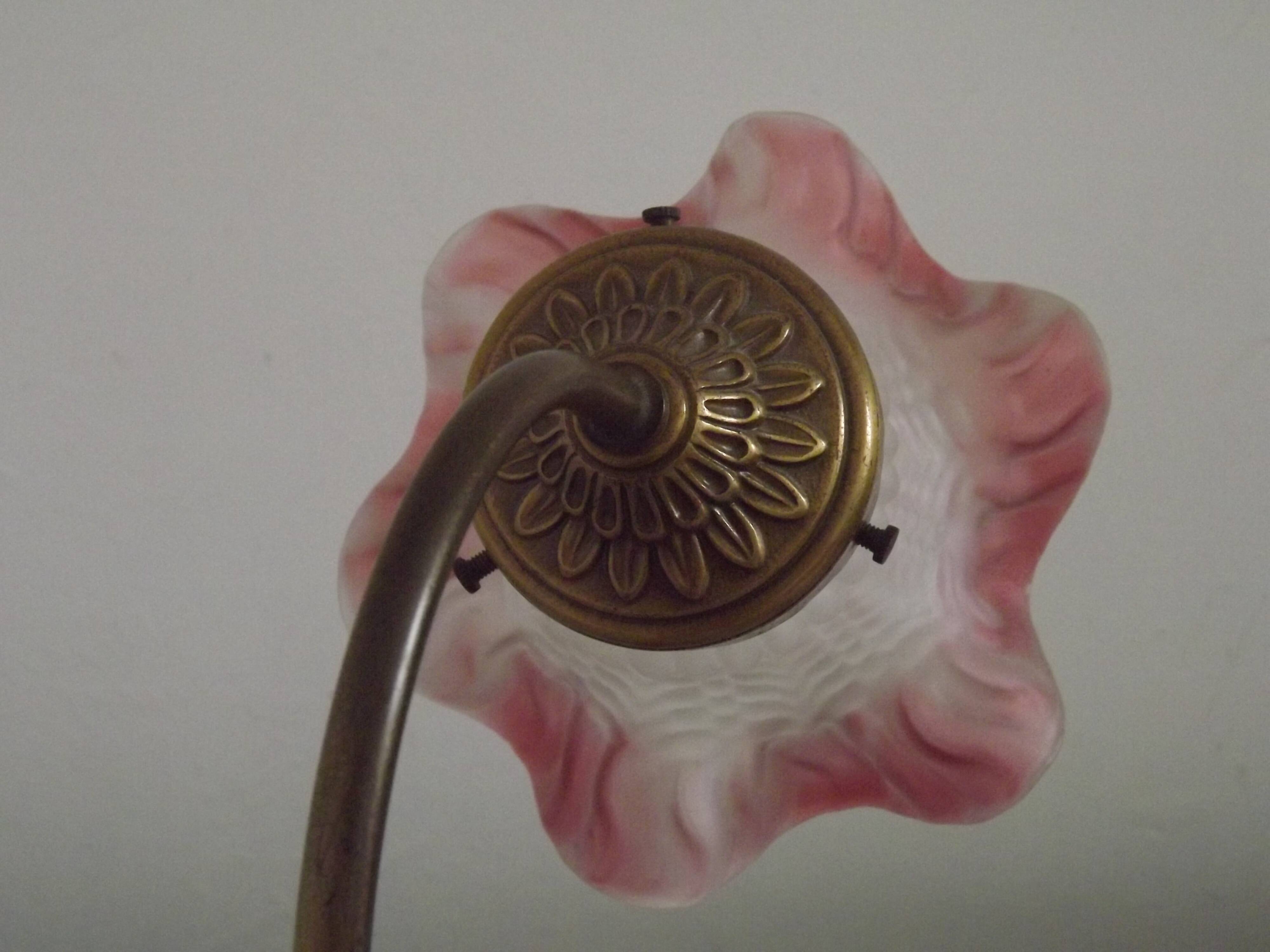 French Art Nouveau Brass Goose Neck Table Lamp White & Pink Glass Shade