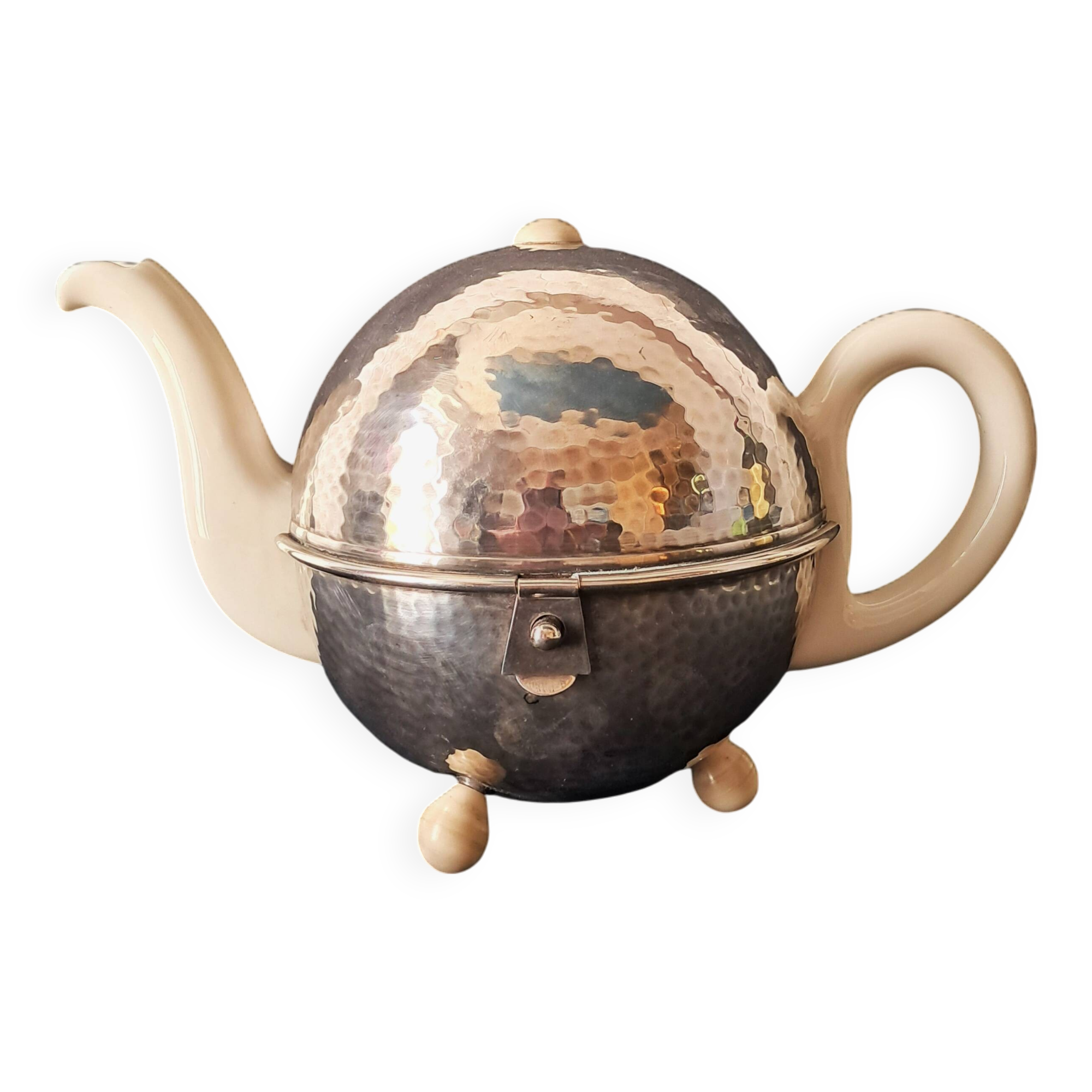 Théière Art Déco / Bauhaus en Métal Argenté Martelé et Faïence par WMF