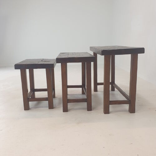 Set of 3 Brutalist Wooden Nesting Tables, Holland 1960s