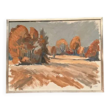 Original Swedish Oil on Canvas – “Red Autumn” by Knut Måsö (1926–2016) – Signed – Vintage & Framed – 57 × 44 cm (22.4" × 17.3")