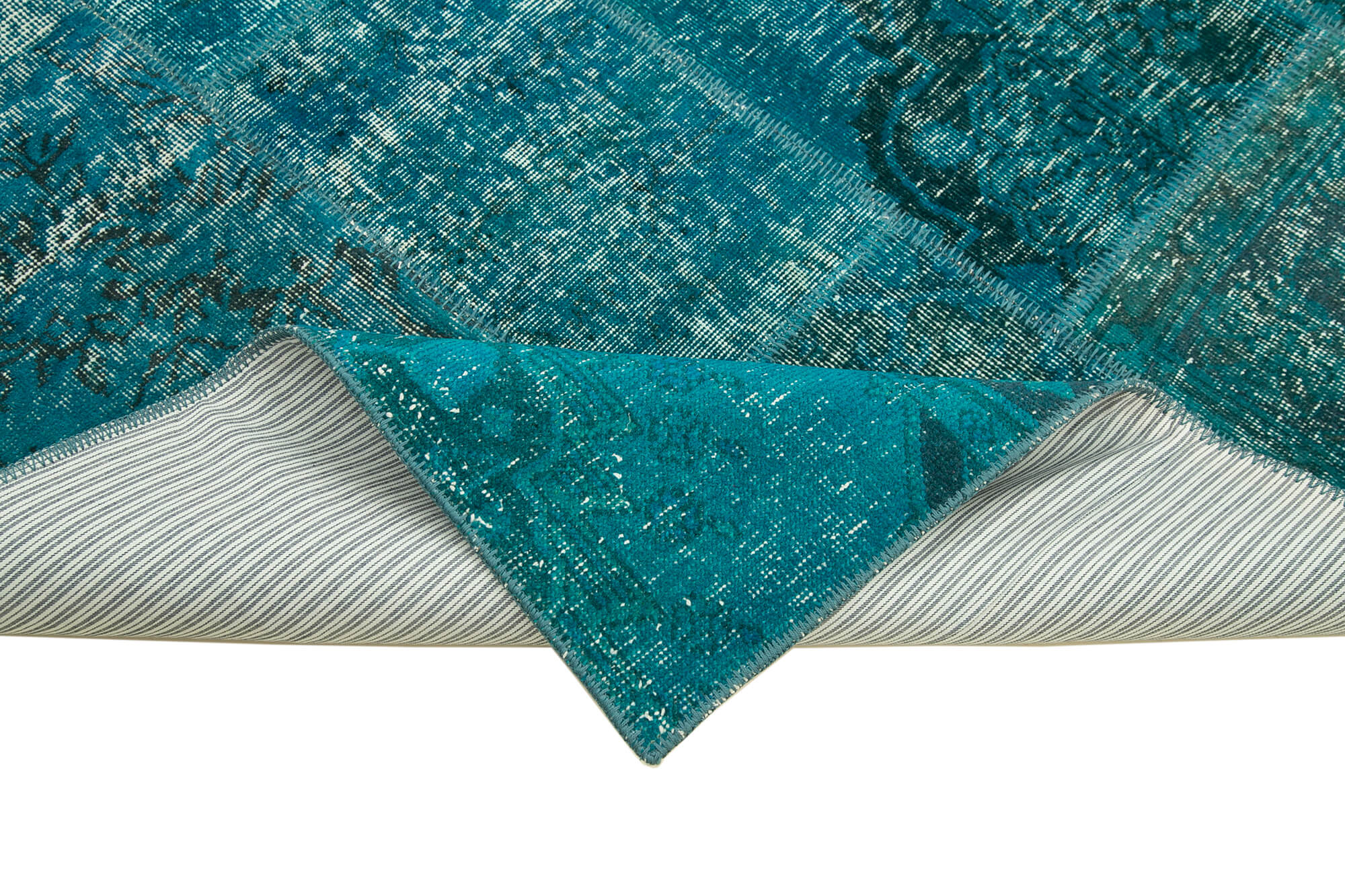 Handwoven oriental overdyed 171 cm x 244 cm turquoise patchwork rug