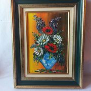 Oil painting on canvas, bouquet of flowers in a framed vase, signed.