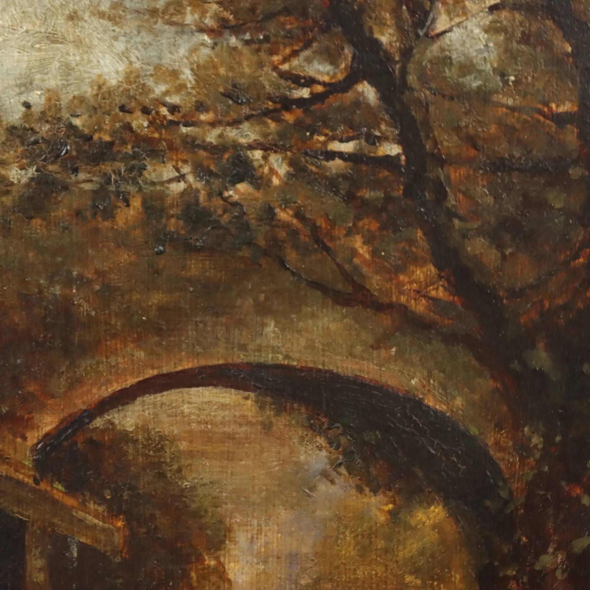 Old painting "Glimpse of a Landscape" oil on hardboard 1887
