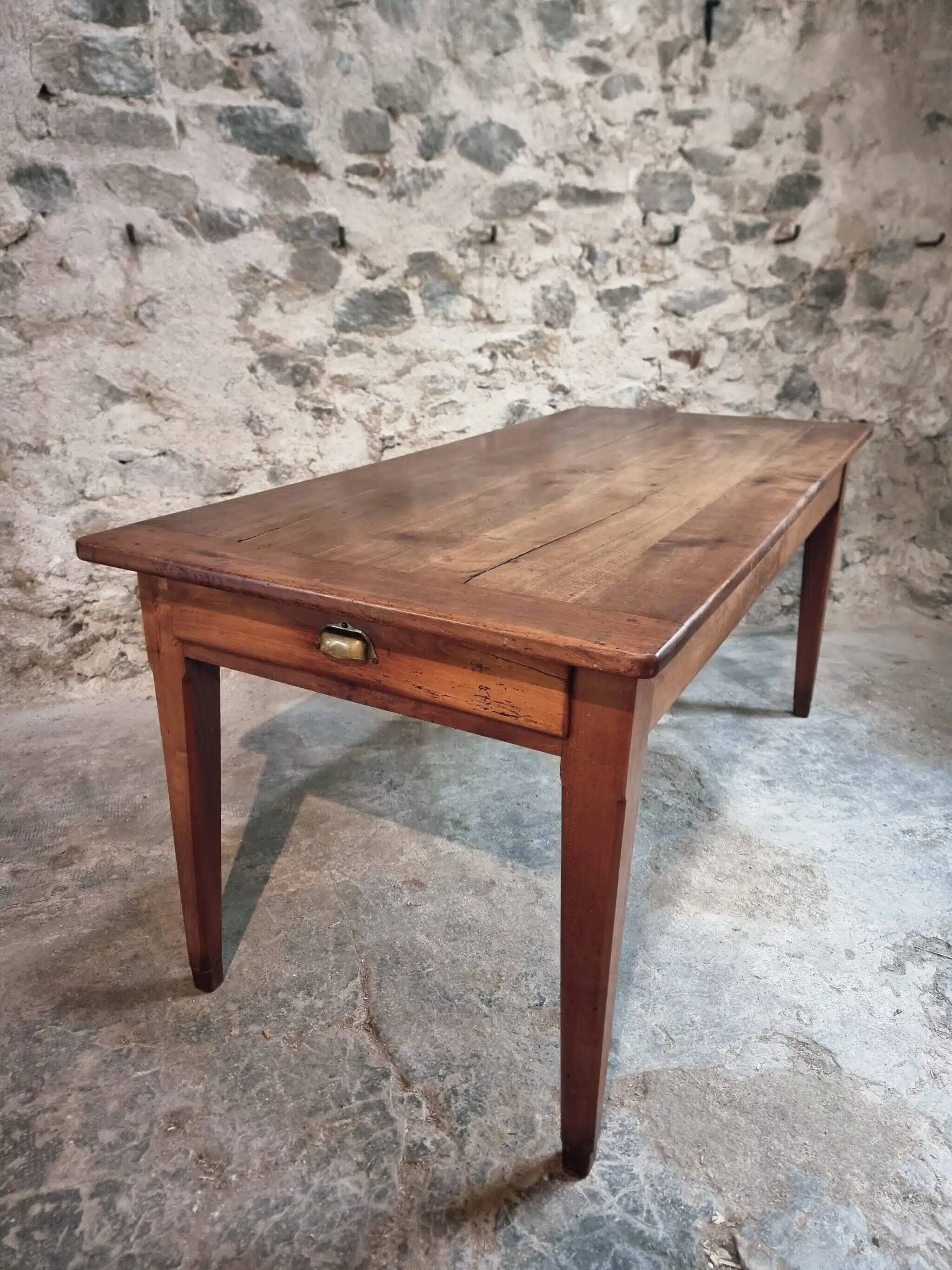 Antique French Farmhouse Table | 19th Century Cherry Wood Table with Drawer and Extension | 1880–1900 Rustic Kitchen