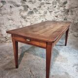 Antique French Farmhouse Table | 19th Century Cherry Wood Table with Drawer and Extension | 1880–1900 Rustic Kitchen