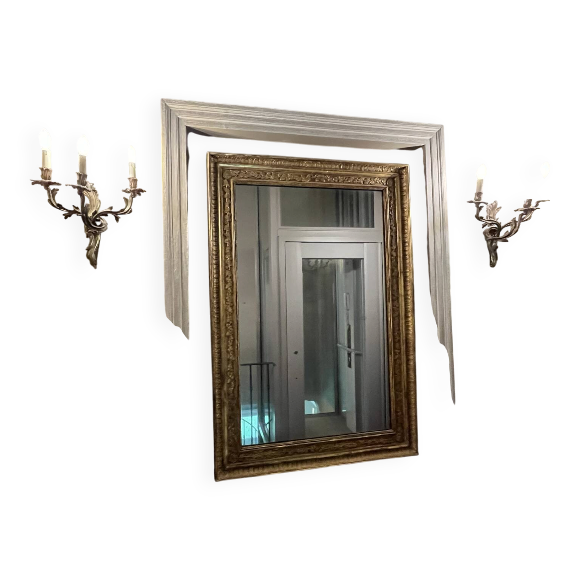 Pair of Louis XV style wall lights, rocaille with three branches in bronze.