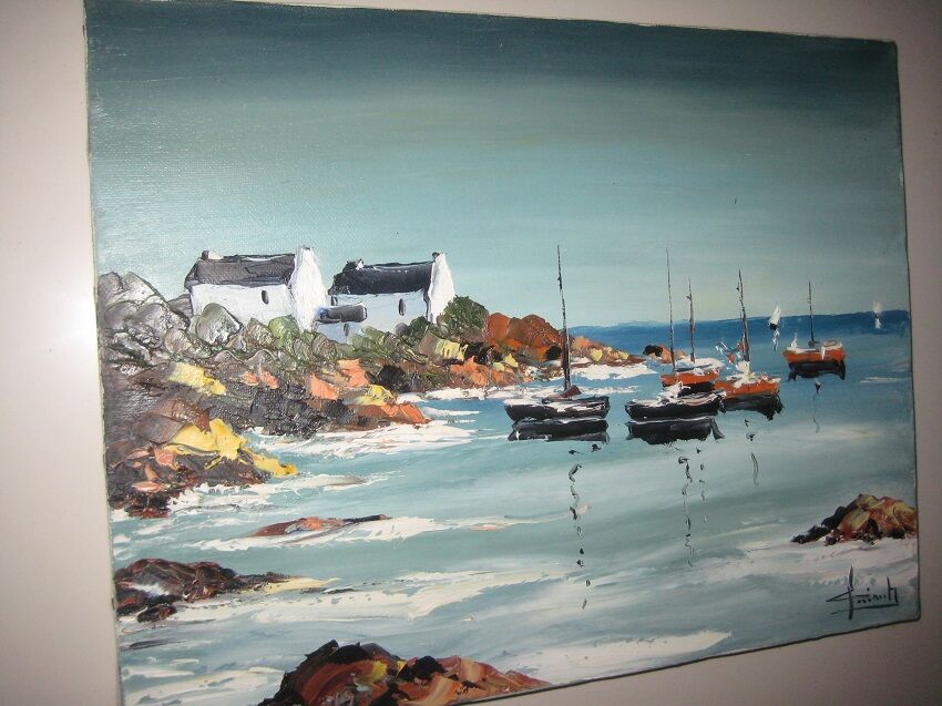 Oil on canvas signed, sailboats in brittany