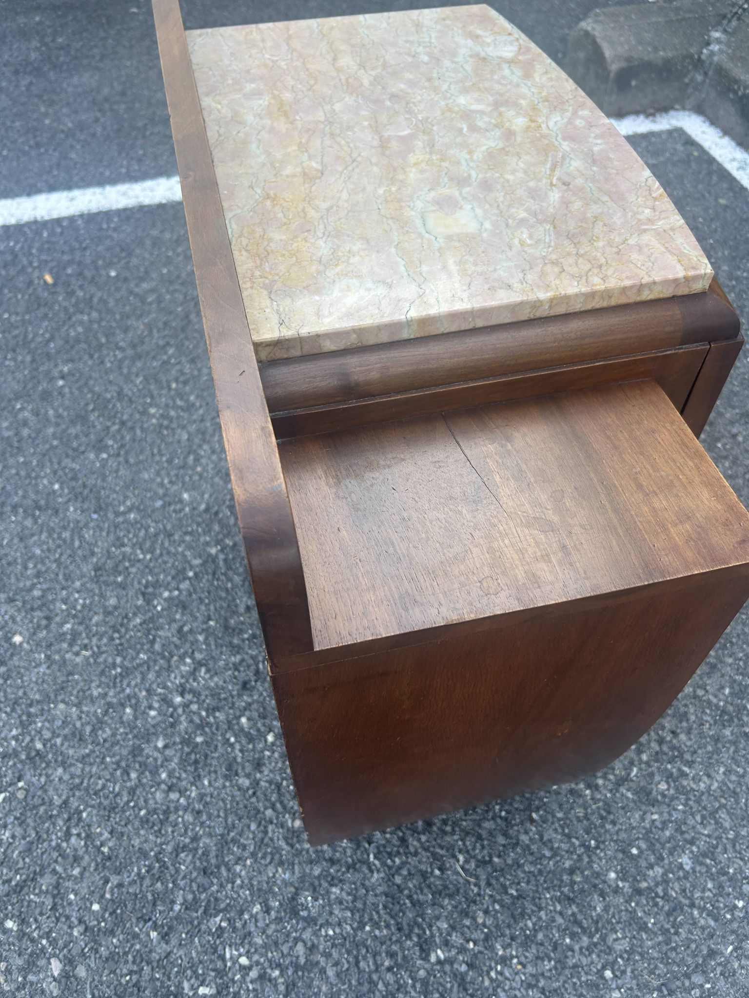 Art Deco bedside table in flamed walnut, marble top – 1930s