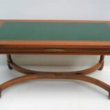 Mahogany coffee table, green leather, bronze Empire style