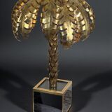 Lampe palmier en metal doré avec socle en plaque de verre style année 70