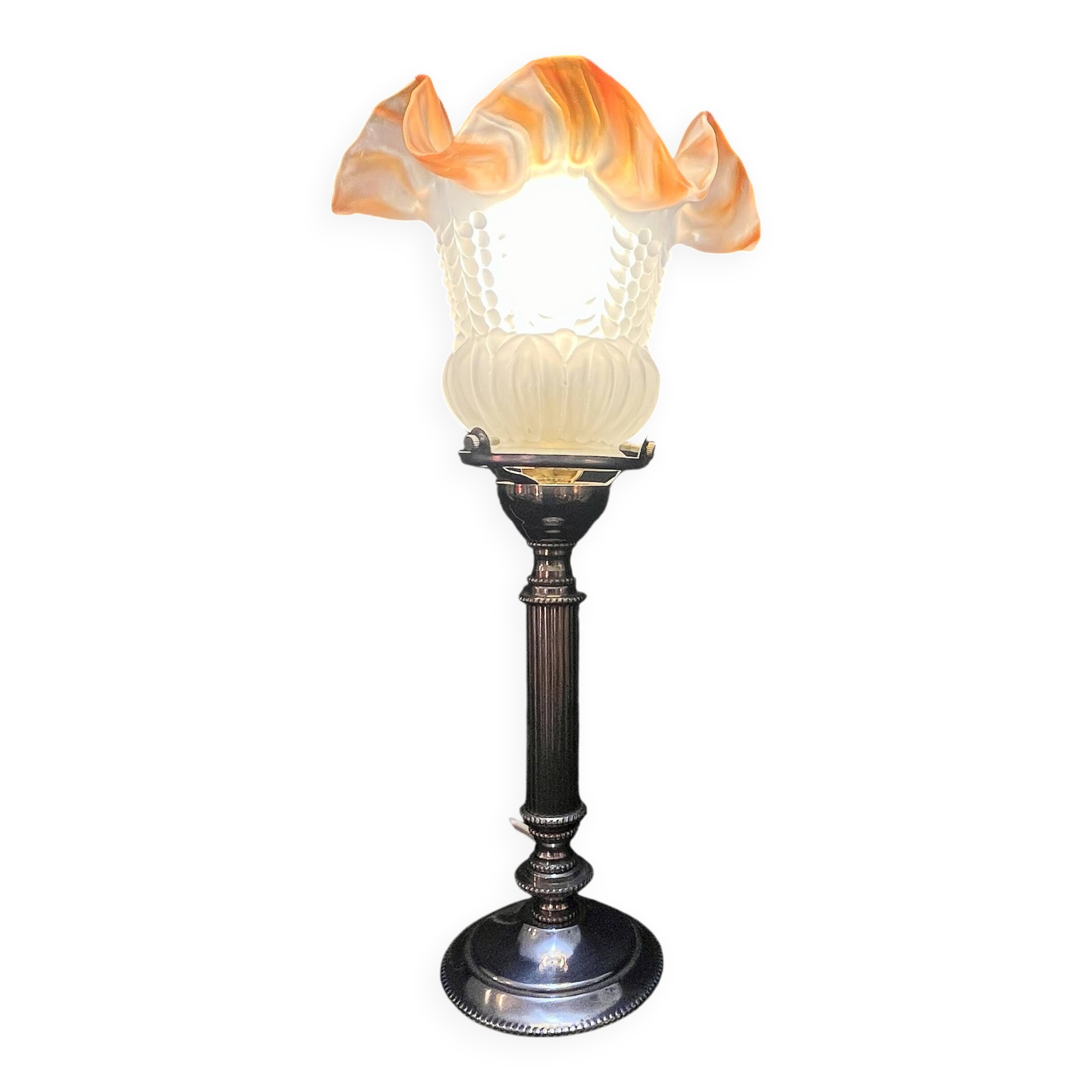 Empire chrome and opaline tulip pleated antique Art Deco bedside lamp