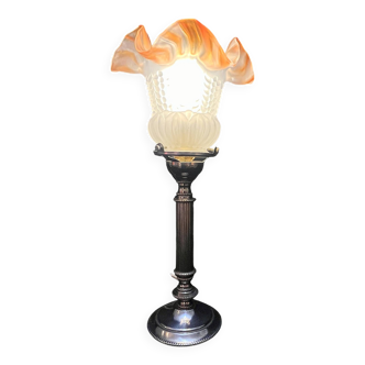 Empire chrome and opaline tulip pleated antique Art Deco bedside lamp