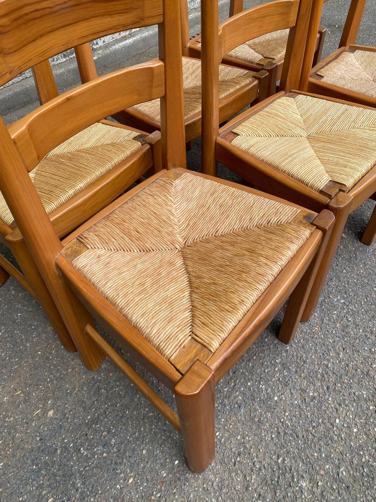6 chaises brutalistes Maison Regain orme massif paillées années 80