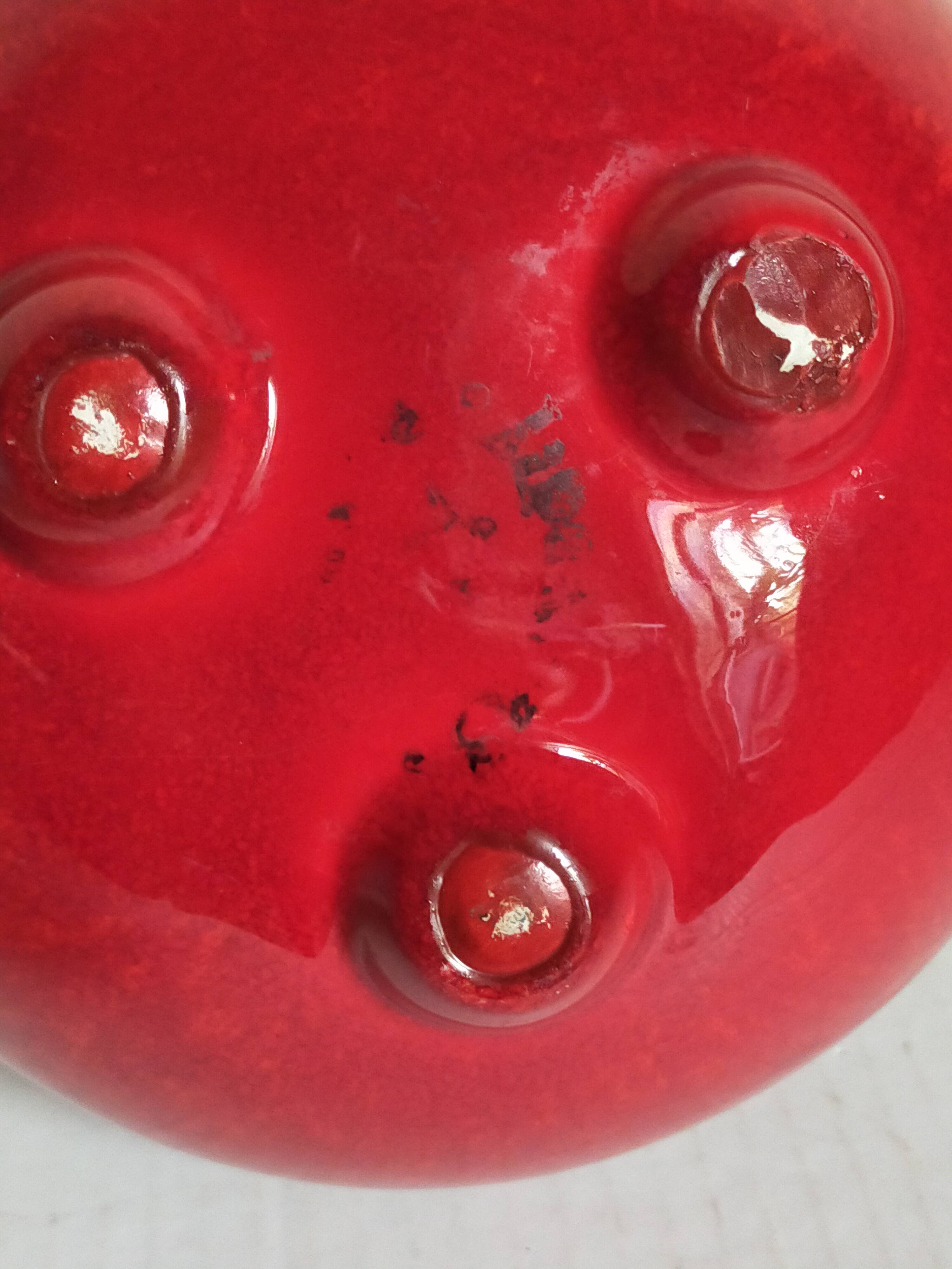 Vintage bright red enamel ceramic tripod vase