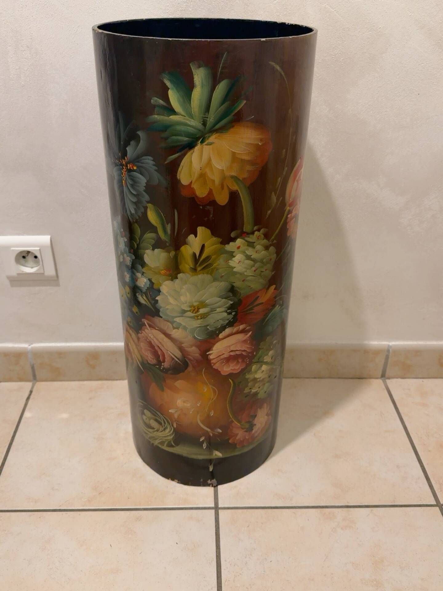 Antique wooden umbrella stand hand-painted – Floral decor