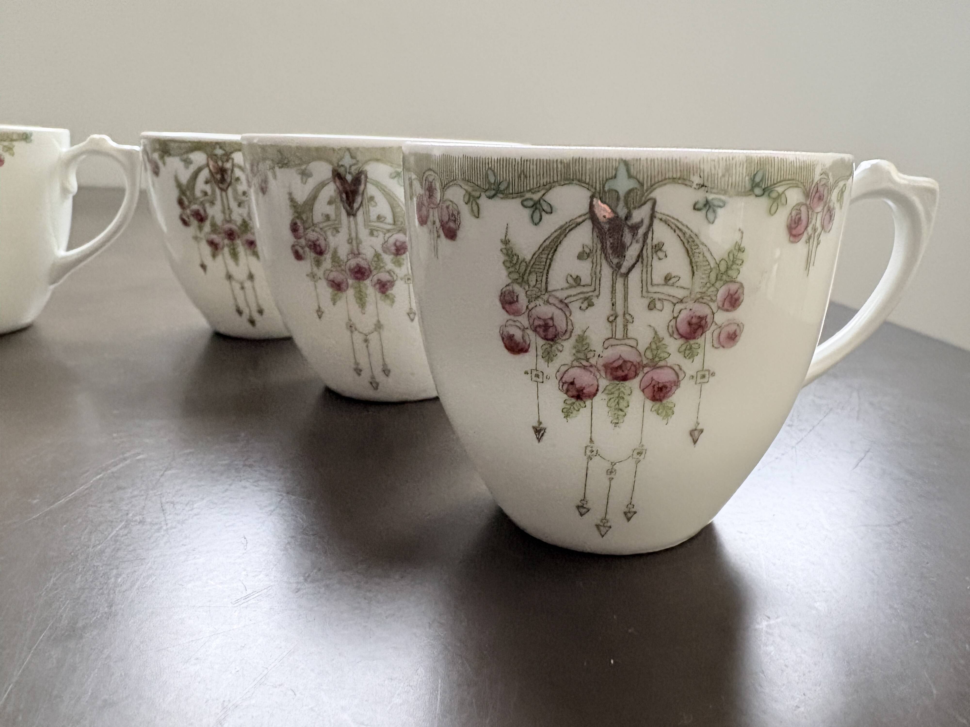 Service of 6 Fine Porcelain Cups with Art Nouveau Rose Decoration