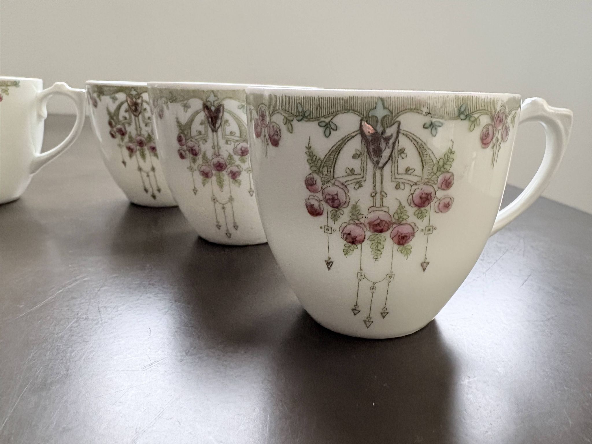 Service of 6 Fine Porcelain Cups with Art Nouveau Rose Decoration