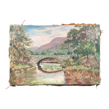 Tableau ancien le pont sur la rivière