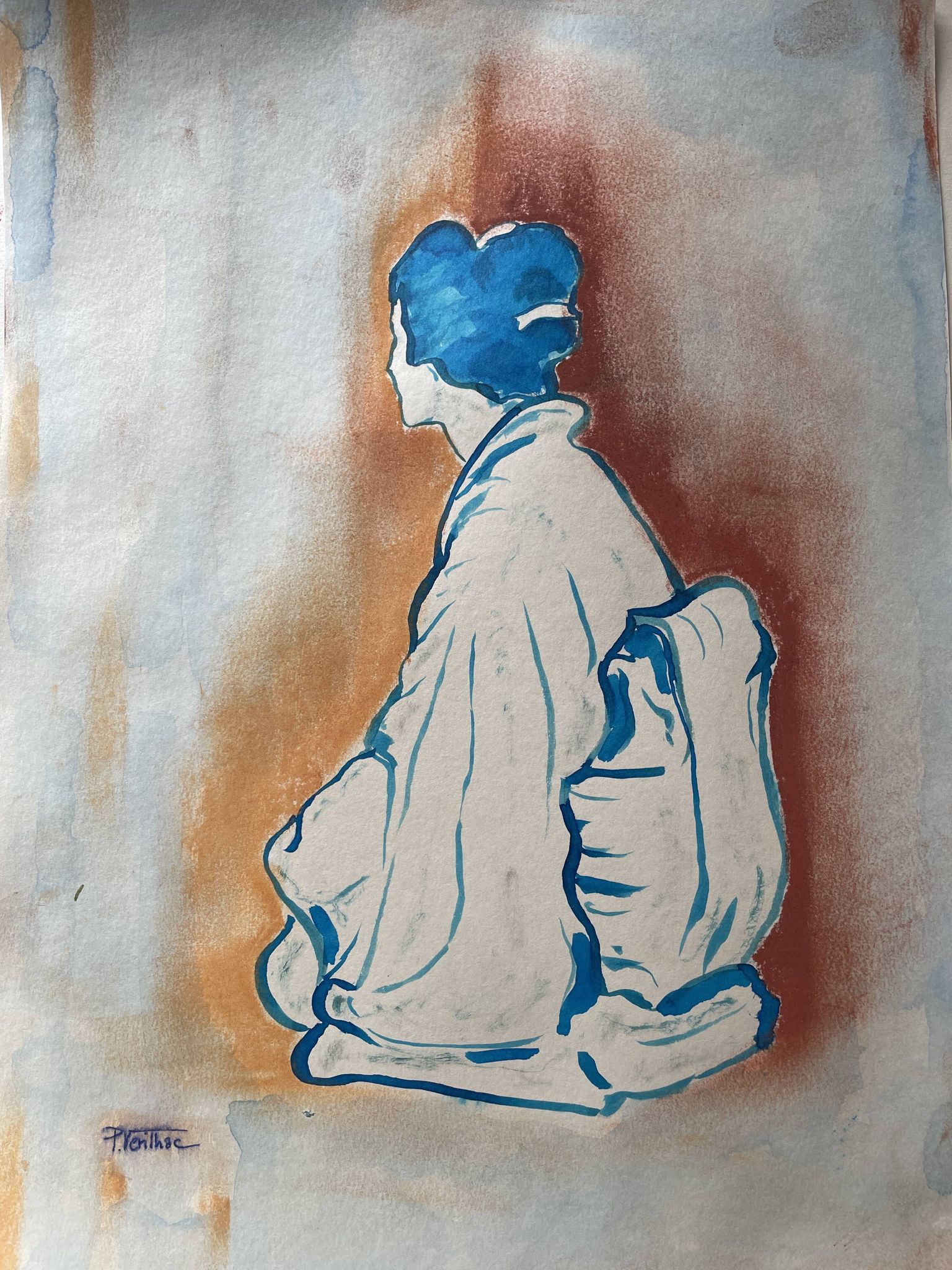 Signed painting pastel and Indian ink female portrait Japan “geisha blue”