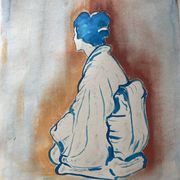 Signed painting pastel and Indian ink female portrait Japan “geisha blue”