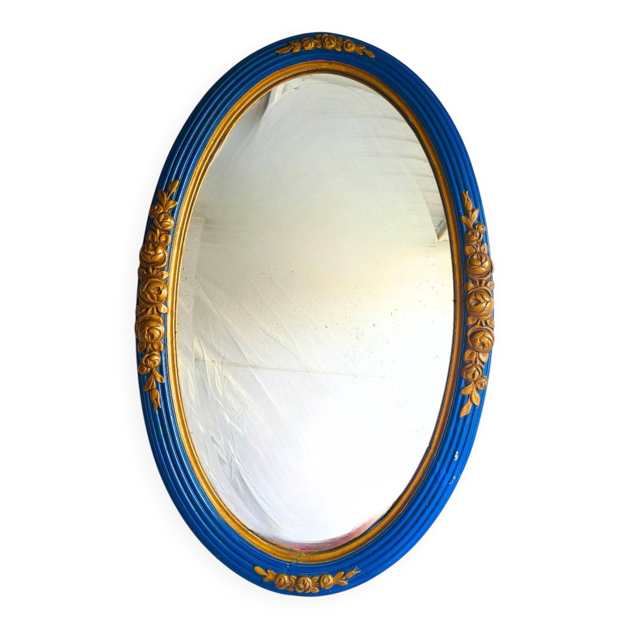 Antique oval mirror, royal blue and gold – rose design – 80 x 52 cm