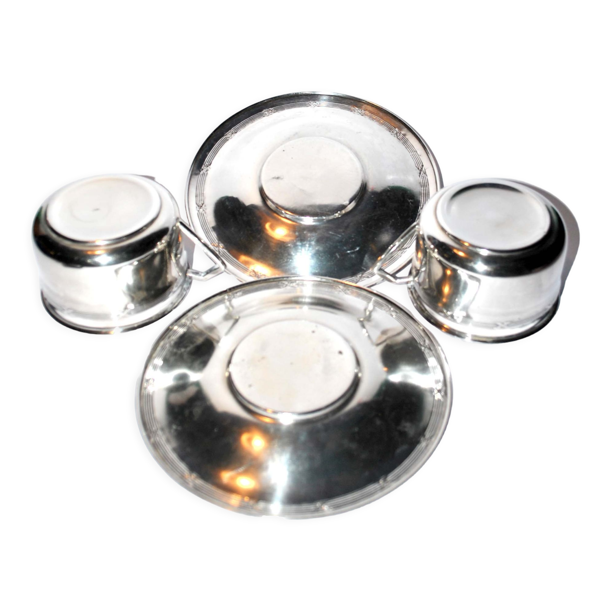 Set of 2 coffee cups Antique ribbons in silver metal Goldsmith Weinthal Georges