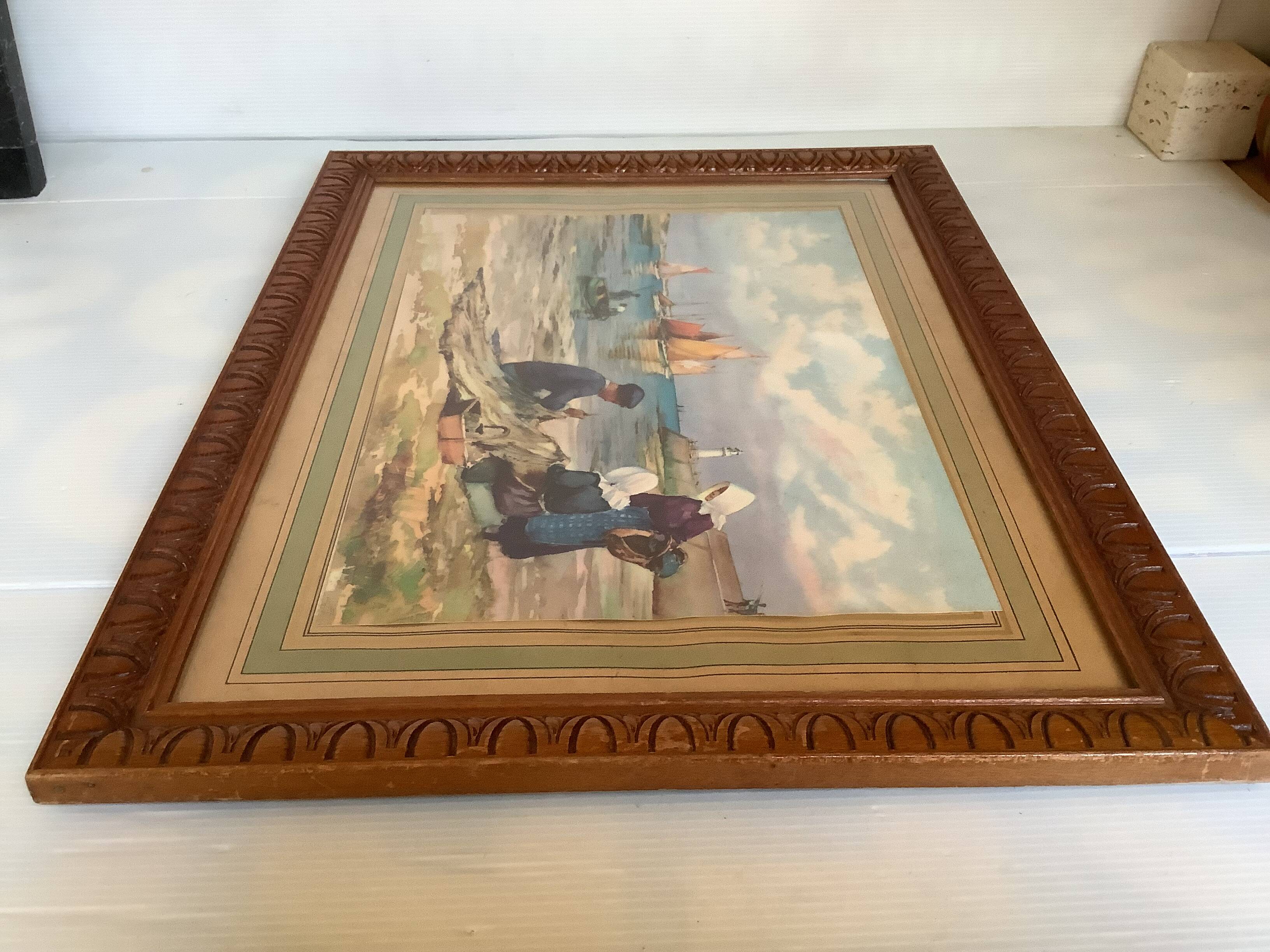 Large marine painting of fishermen and boats.