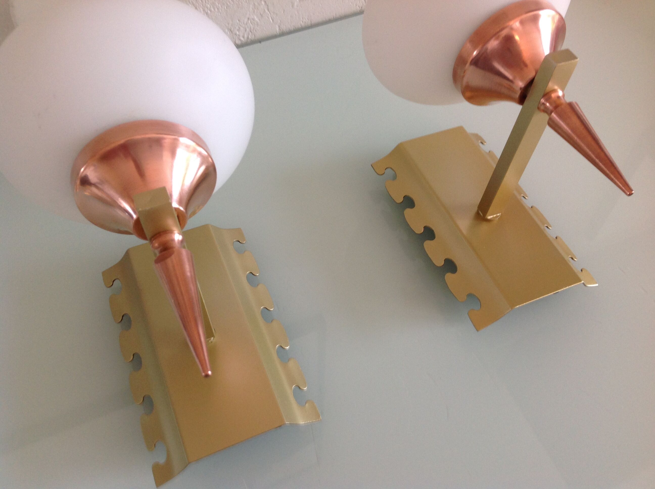 Pair of red copper and white opaline sconces 60s-70s