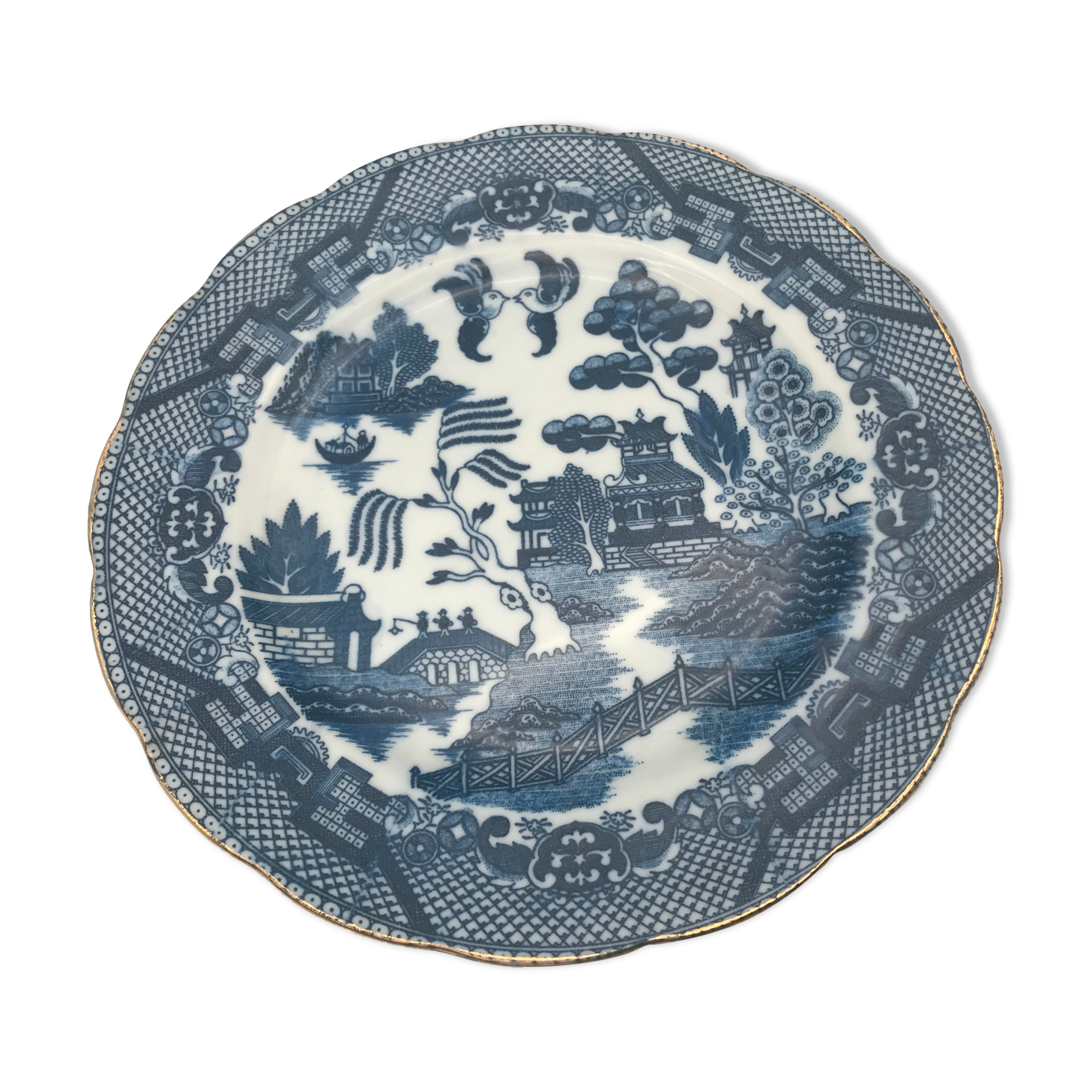 Old earthenware plate with decoration of landscape of asia 19.5 cm