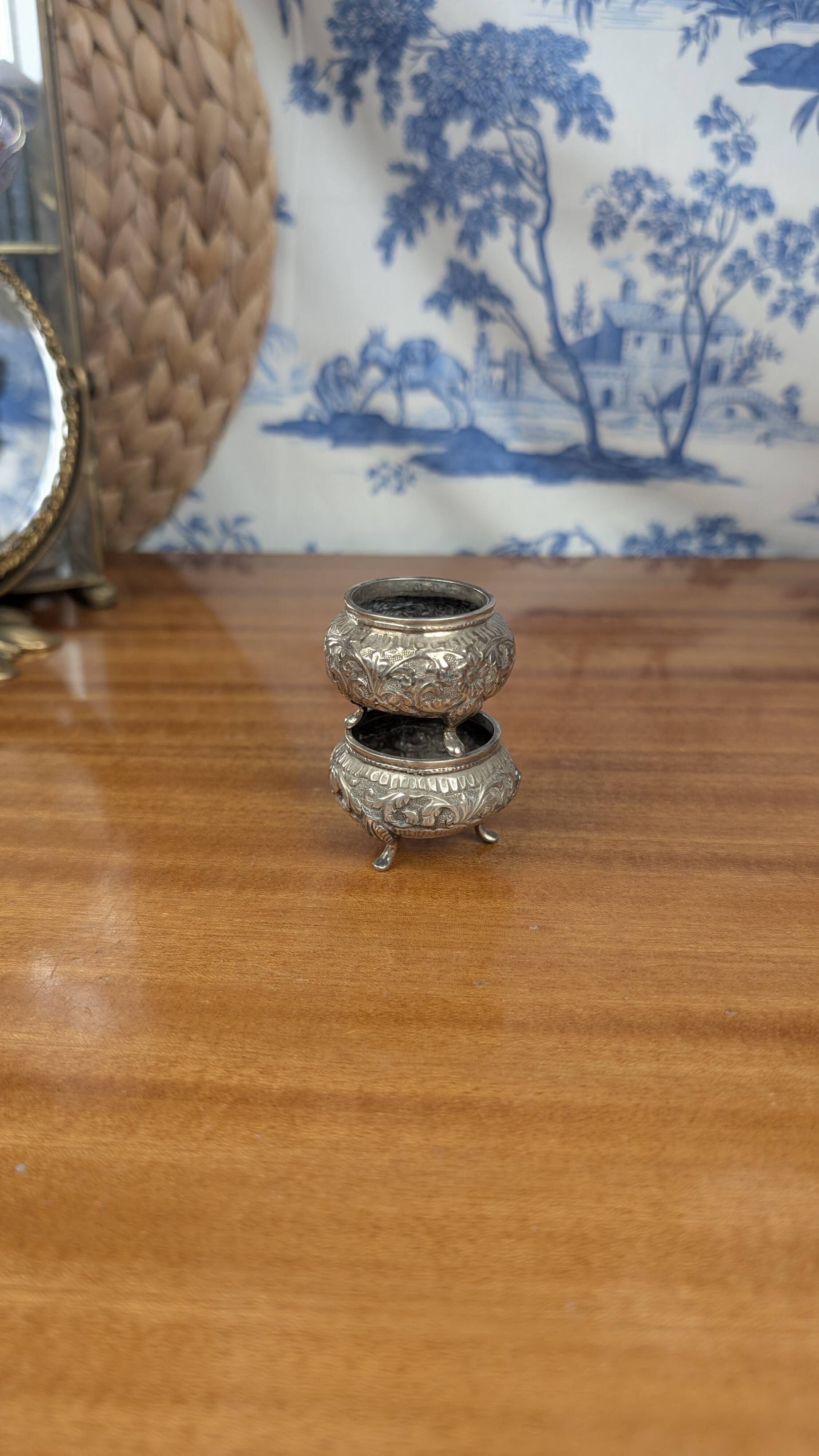 Indian Kutch 800 Silver Open Salt Cellar Pair of 800 Silver Salt Cellars