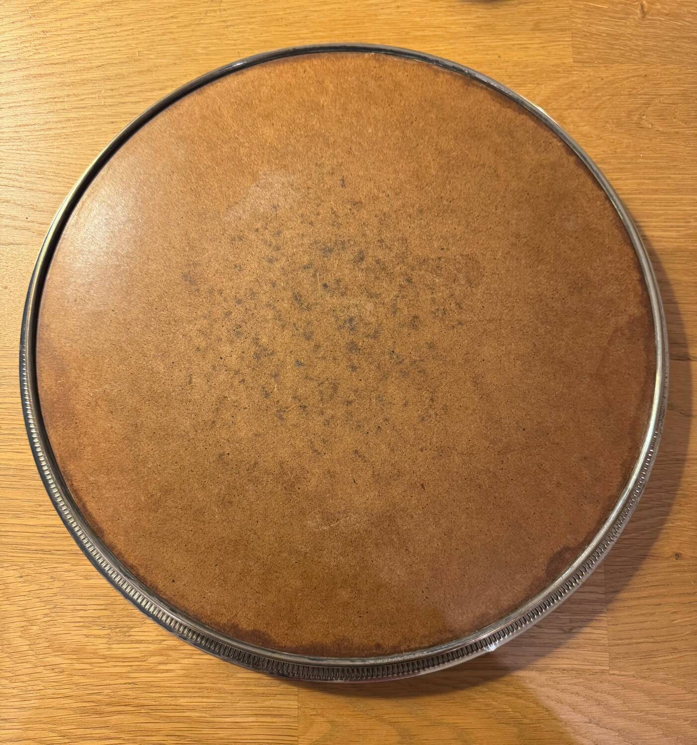 Round silver-plated metal tray and mirror