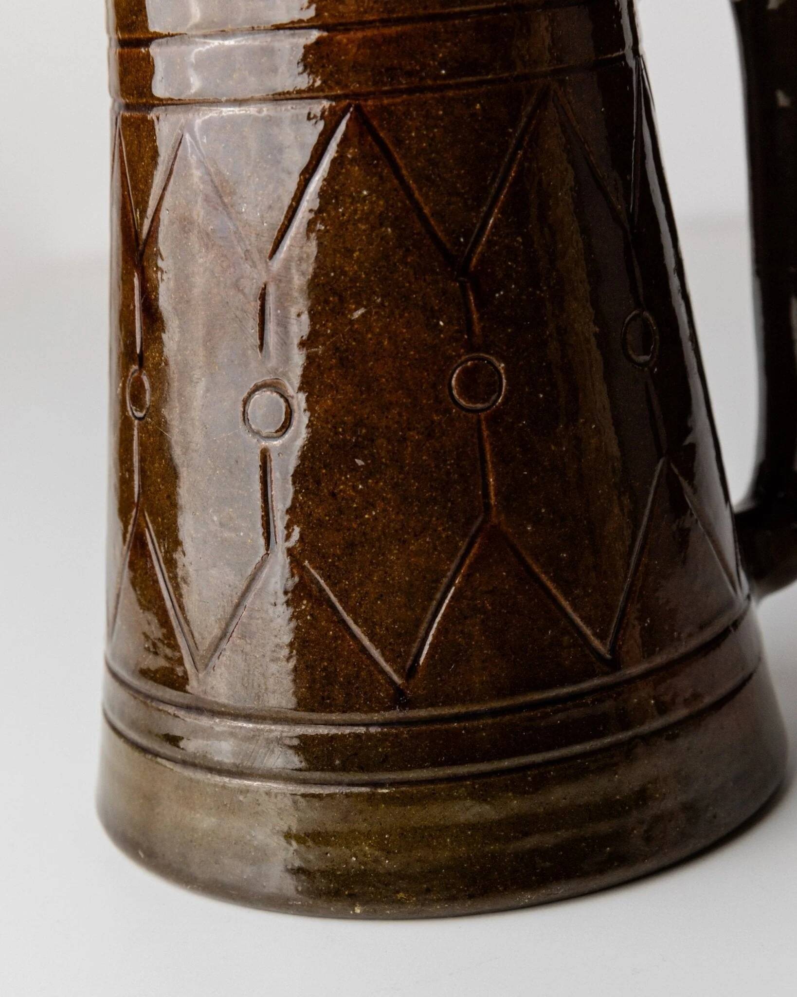 Vintage ceramic pitcher or vase with handle by Urbano Fontana, relief, brown glaze, Italy 1970s.