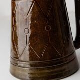 Vintage ceramic pitcher or vase with handle by Urbano Fontana, relief, brown glaze, Italy 1970s.