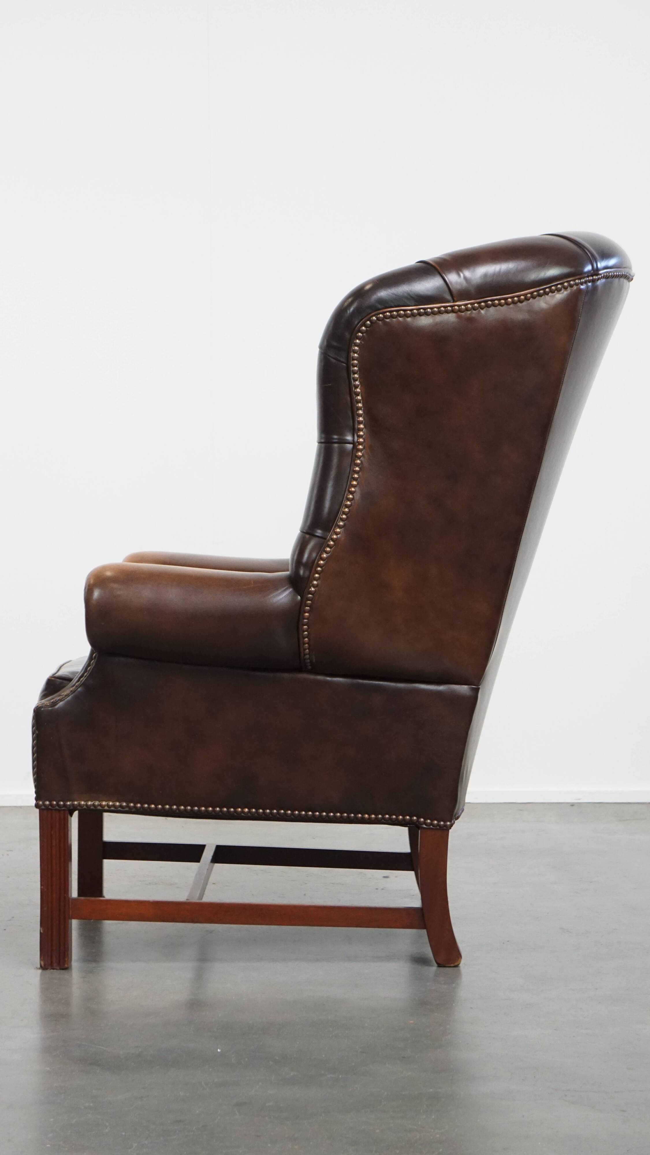 Dark Brown Cowhide  Leather Chesterfield Wingback Chair