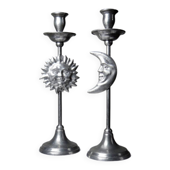 Pair of handcrafted candle holders Sun & Moon vintage mid-century silver-plated tin