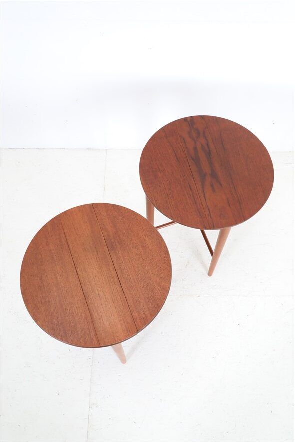Set of 2 round mid-century teak side tables by Carlo Jensen for Poul Hundevad, 1960s, Danish modern design, foldable