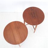 Set of 2 round mid-century teak side tables by Carlo Jensen for Poul Hundevad, 1960s, Danish modern design, foldable