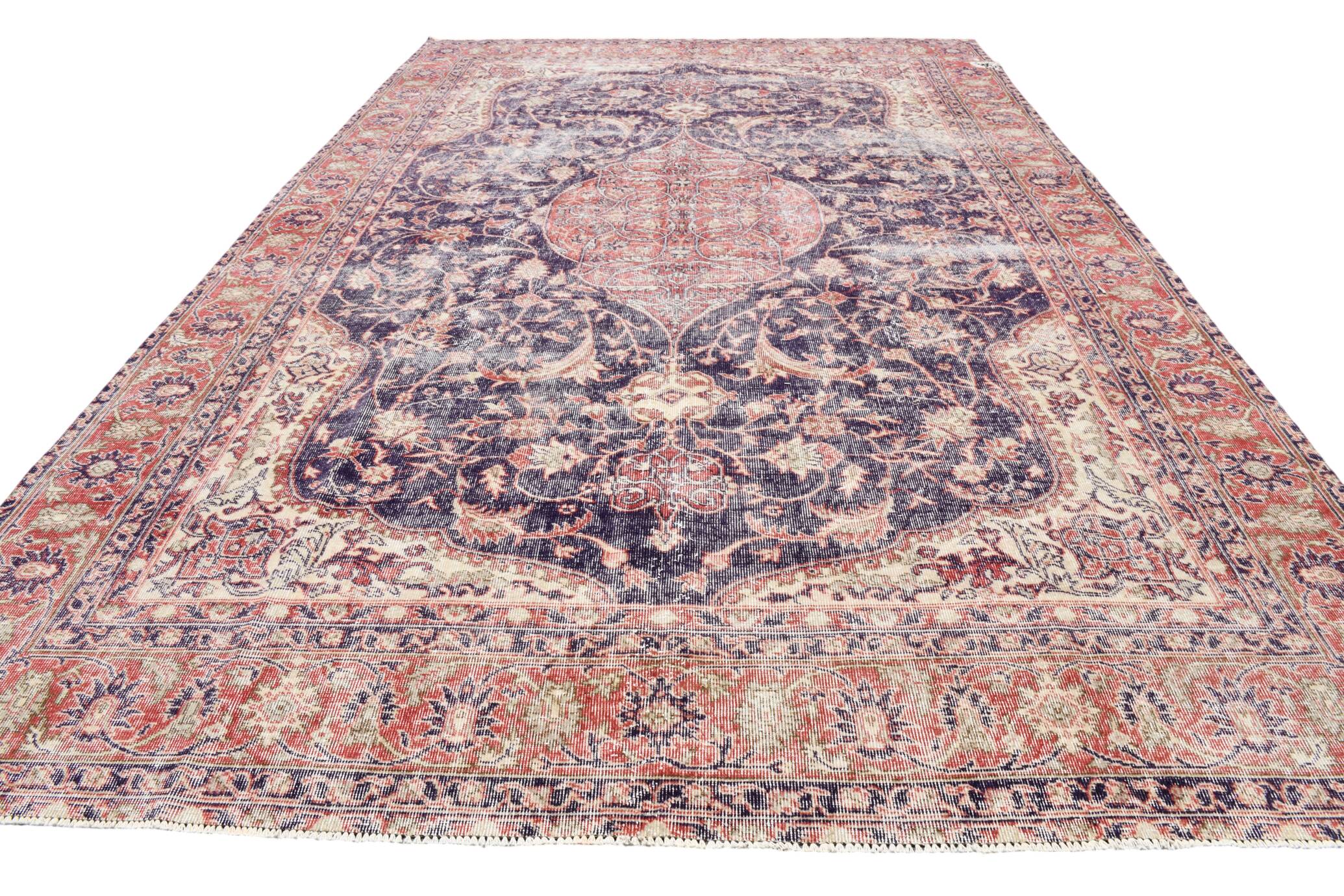 7x11 Vintage Red & Navy Blue Persian Rug, Oriental Rustic Decor, 228x338Cm