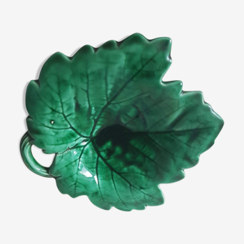 Vide-poche feuille en céramique verte vernie années 70