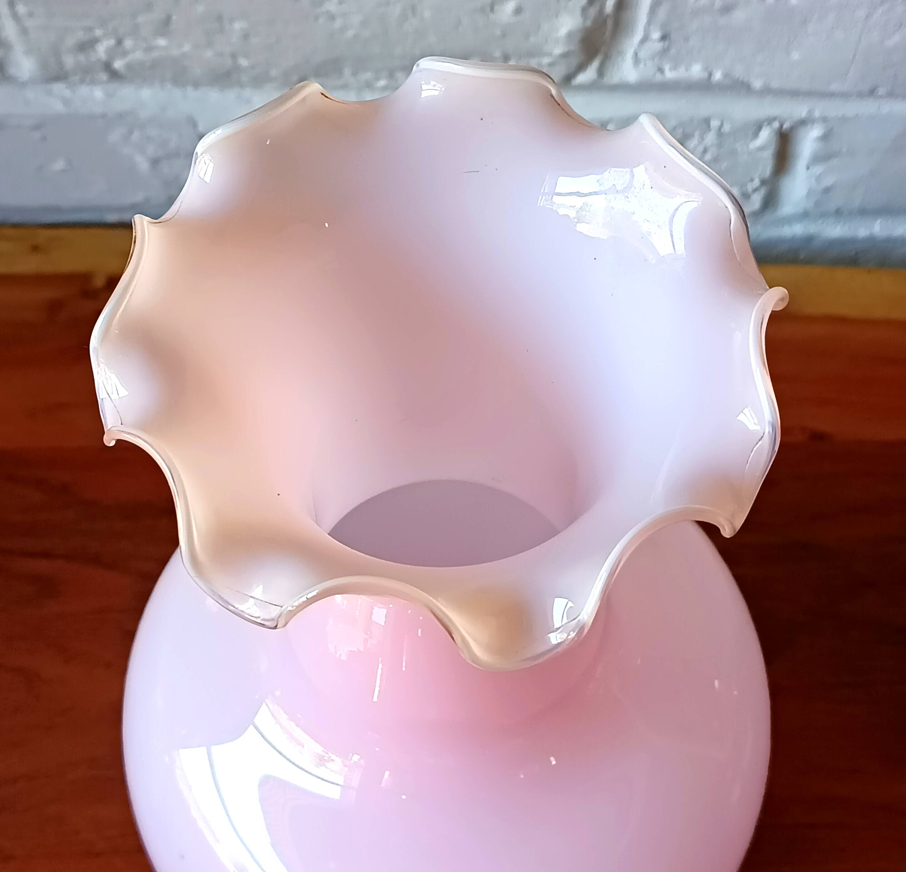 Light pink opaline vase, wavy swan neck.