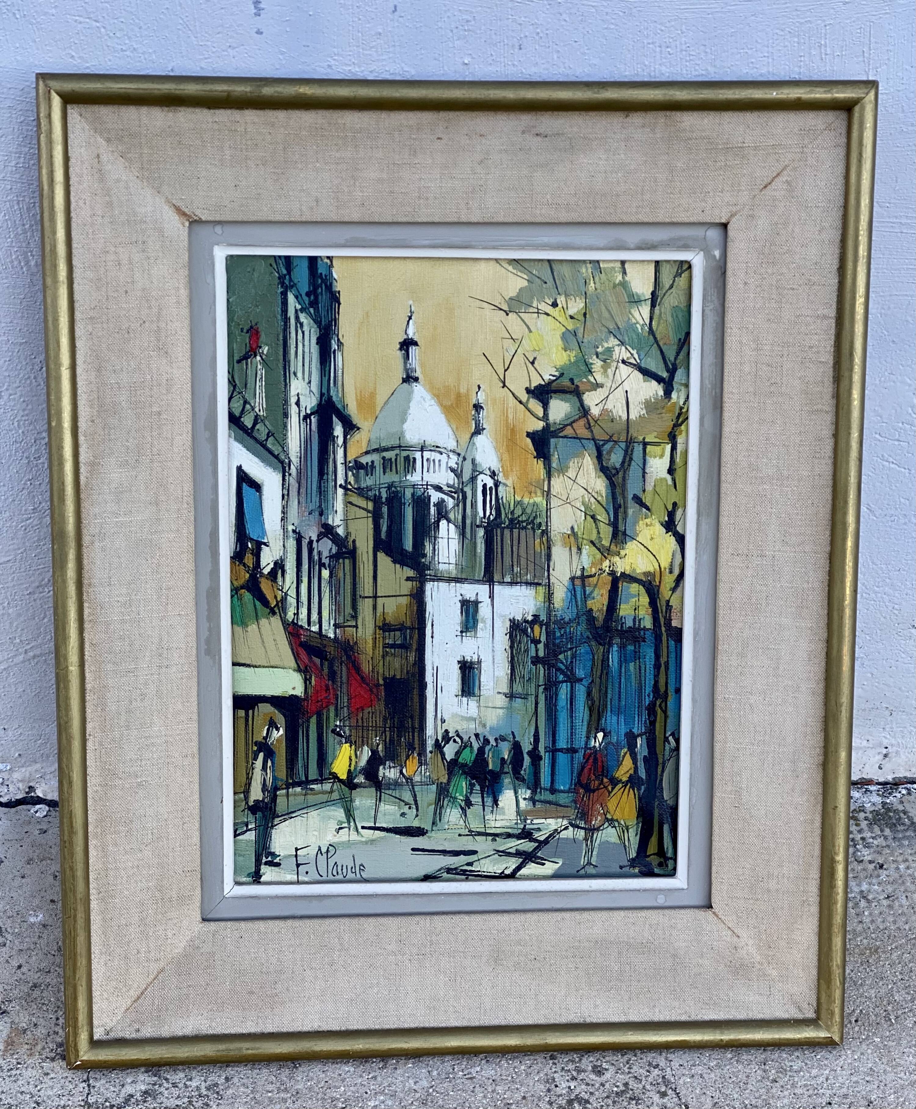 Painting by Fabien CLAUDE, lively Paris street in Montmartre, vintage 1960