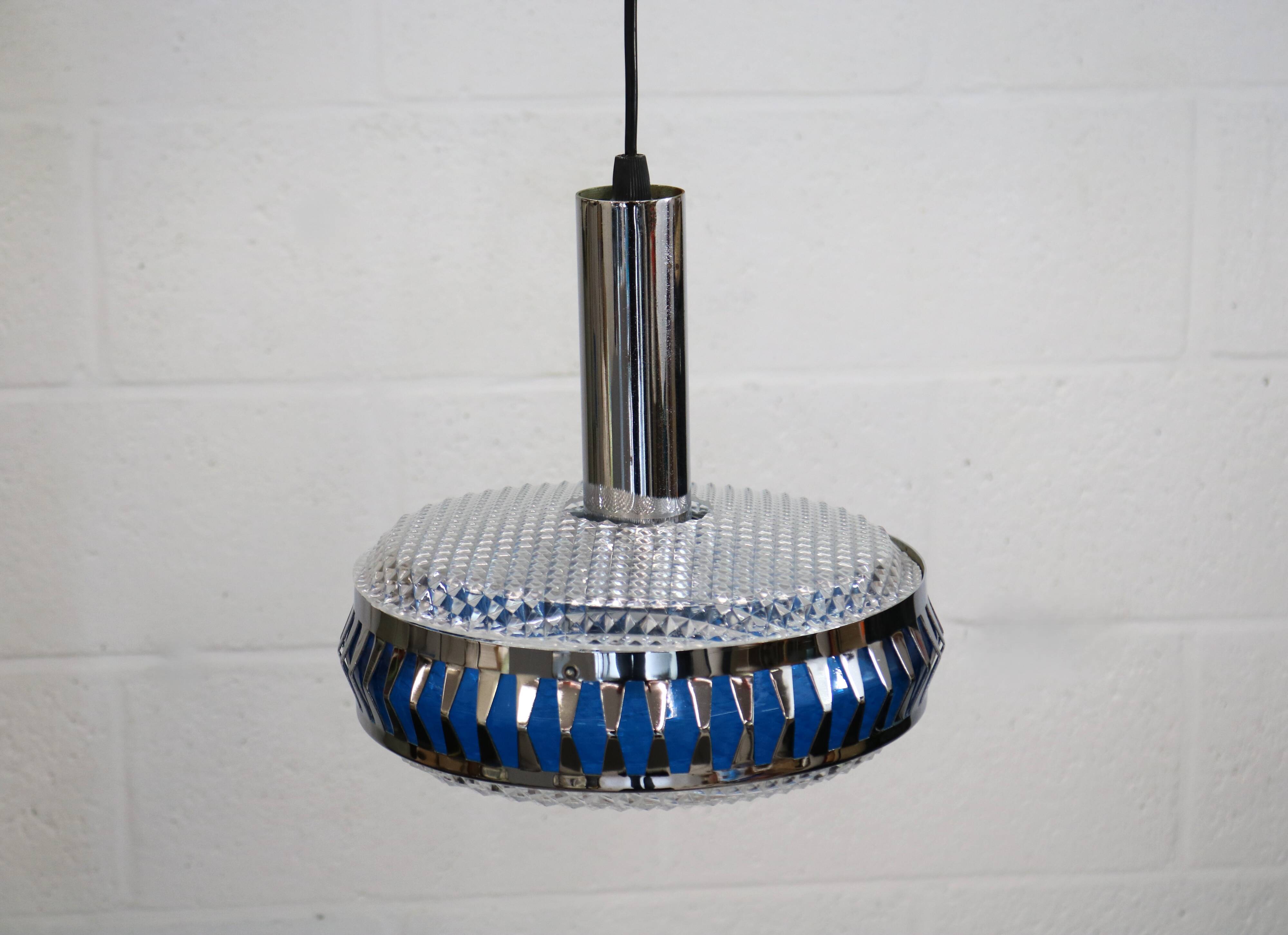 Vintage Chrome & Blue Pendant Lamp - 1970s Massive Belgium Lighting