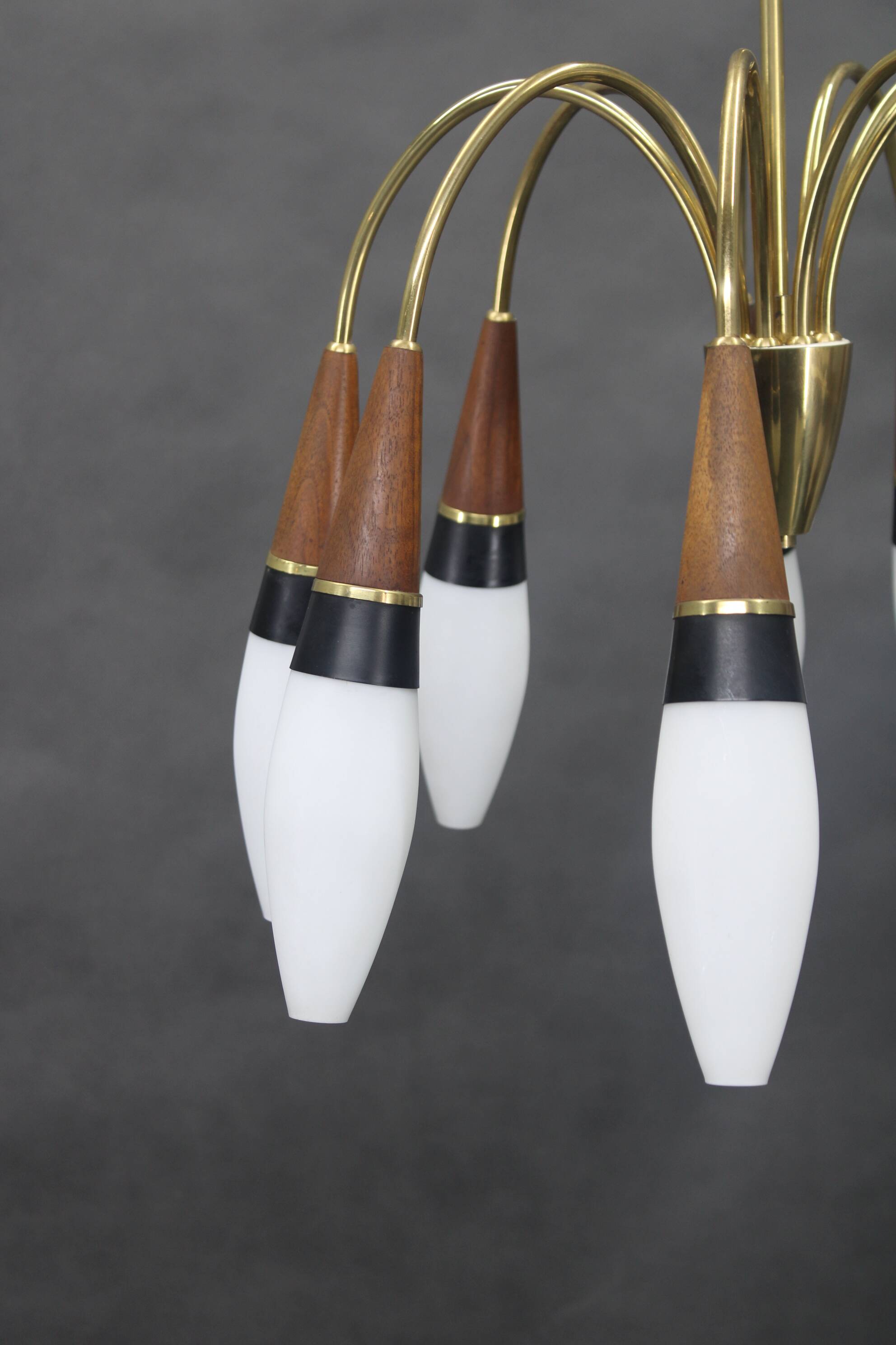 1960s Rupert Nikoll Brass and Teak Opaline Glass Chandelier ,Austria