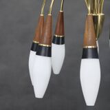 1960s Rupert Nikoll Brass and Teak Opaline Glass Chandelier ,Austria