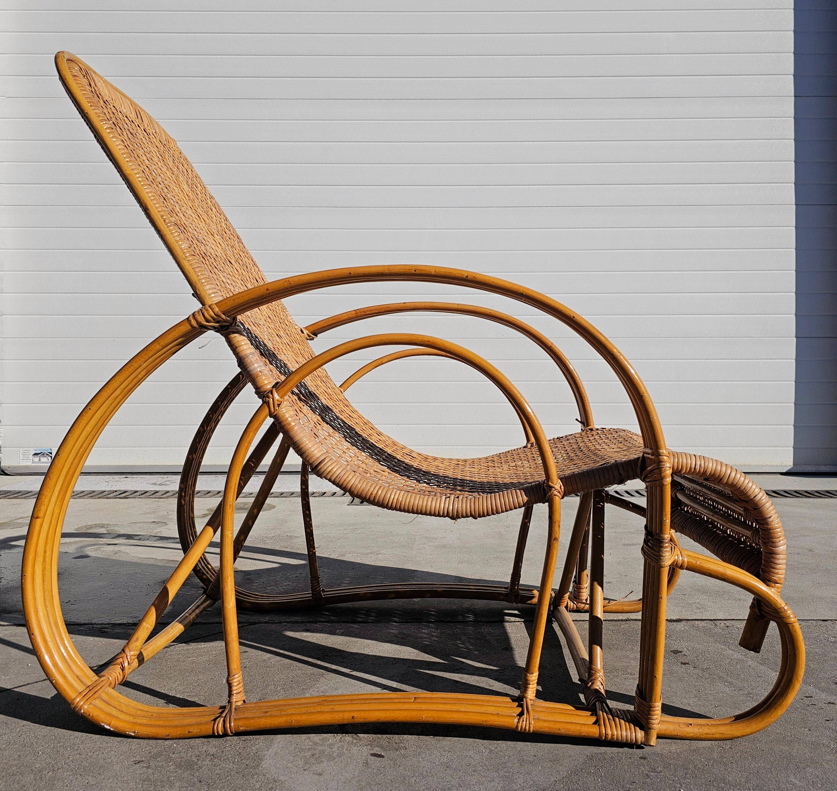 Paire de chaises longues XXL Mid Century Modern en bambou et rotin